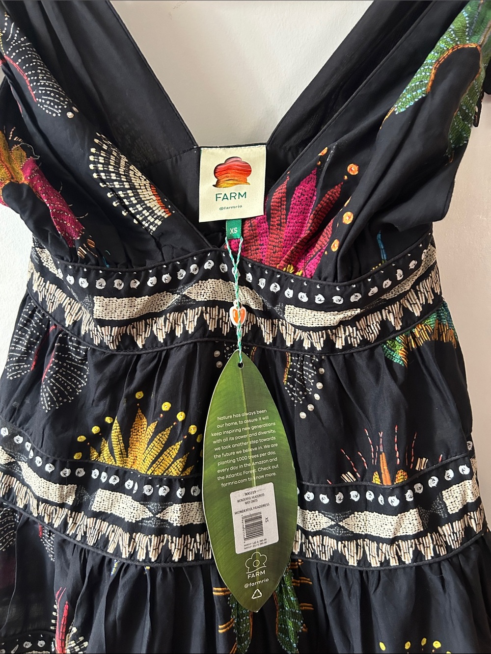 Gorgeous FARM Rio Black Tie-Shoulder Midi Dress Pink, Yellow & Green Print XS